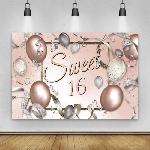 Laeacco Sweet 16th Birthday Backdrop Balloons Ribbon Birthday Party Banner Customized Photocall Photo Background Photo Backdrop