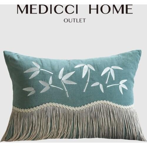 Medicci Home Chinoiserie Chinese Feature Cushion Cover Simple Bamboo Embroidery Tassel Luxury Accent Chair Sofa Pillow Case