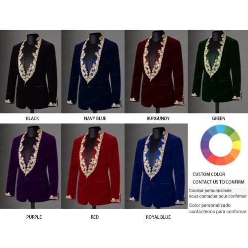 ANNIEBRITNEY Brand Men Suit Custom Red Velvet Applique Slim Fit Tuxedo 2Pcs Groom Wedding Suits Blazer Pants Set Prom Tuxedos