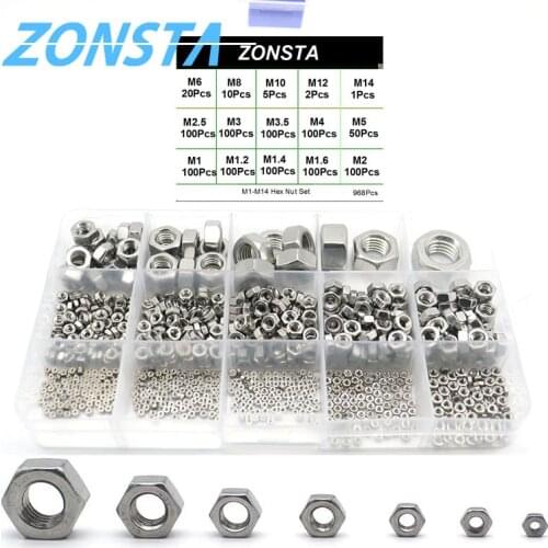 Hexagon Nut Set 968 Pcs M1 M1.2 M1.4 M1.6 M2 M2.5 M3 M3.5 M4 M5 M6 M8 M10 M12 M14 Nuts304 Stainless Steel DIN934 Assortment Kit