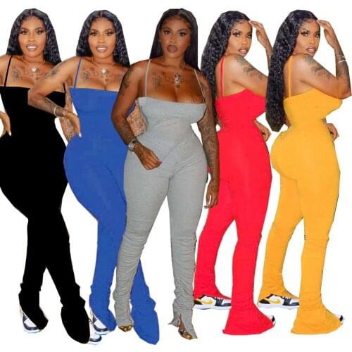 Solid Color Pleated Split Micro Trumpet Sling Tight Jumpsuit Womens Jumpsuit Casual Fashion Street Clothing Nightclub Clothing