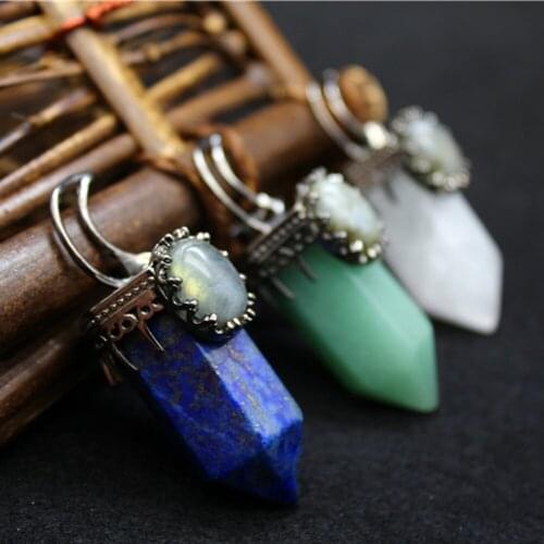Wholesale 6pcs/Lot Natural Stone Hexagonal Column With Oval Shape Crystal Pendant Moon Charm Lapis Lazuli Stone Women Men Gift
