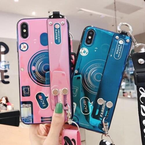 Luxury Blue Ray Camera Wristband Case for Samsung A51 A71 S20 Ultra Case Strap Holder Cartoon Cover for Galaxy S20 Plus Coque