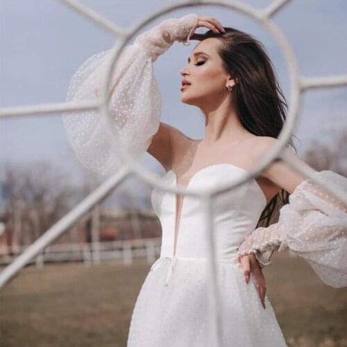 Detachable Puff Long Sleeves White Wedding Bridal Sleeves Polka Dot Tulle Perspective Elbow Loose Style Elegant Wedding Boleros