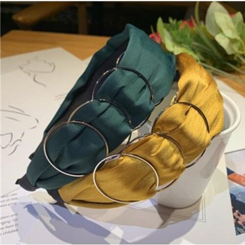 Wide Hair Headband Metal Rings Decorated Solid Satin Headband for Women Accessories Adults Face Washing Hairband Head Band