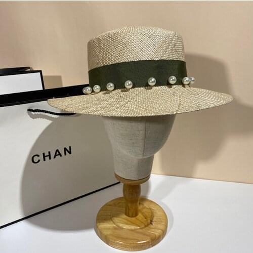 Elegant Womens Summer Hat Pearl Ribbon Beach Hat Wide Brim Hat Flat Top Sun Protection Cap Female Sun Hats holiday Straw Hat