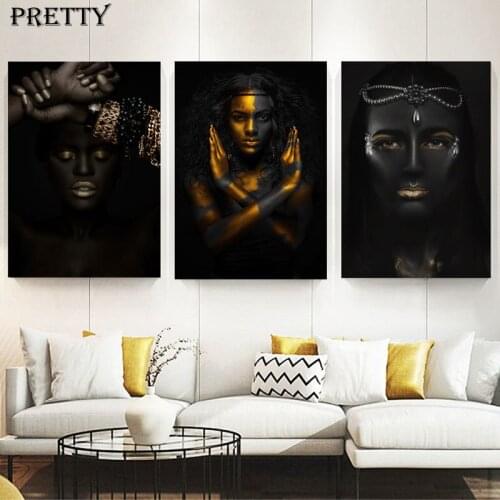Modern Art Canvas Painting African Black Gold Woman Posters and Prints Scandinavian Living Room Wall Art Pictures Home Decor