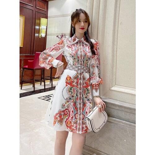 Light luxury ladies fashion retro printed skirt 2021 spring and summer new womens beaded collar single-breasted dress fairy