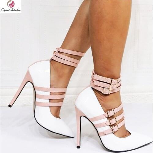Pink White Mixed Colors Pumps Women Sandals Summer Stiletto High Heels Woman Pointed Toe Ankle Square Button Strap Ladies Shoes