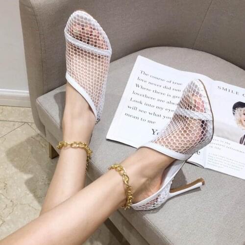 New Style Mesh Pointed Small Fragrance Thin Heel Hollow Metal Decorative High Heel Shoes