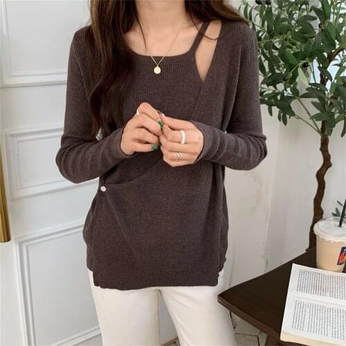 Alien Kitty Minimalist All Match Off Shoulders Sweaters Fake Two-Piece Knitted Pullover Loose 2021 Sexy Autumn Chic New Jumpers