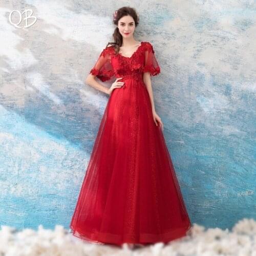 Wine Red A-line V-neck Lace Tulle Pearls Beaded Vintage Formal Elegant Evening Dresses Bride Banquet Party Prom Dress XK81