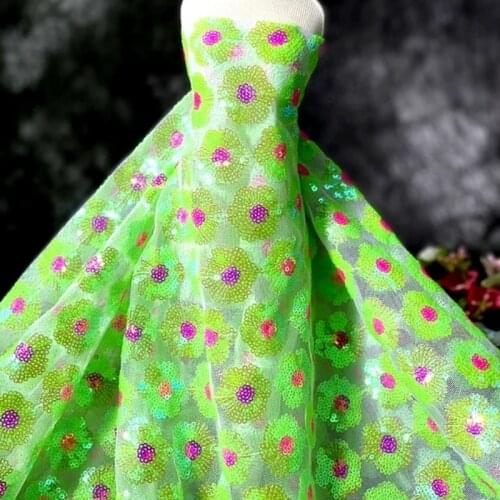 Green African Mesh Lace Fabric With Sequins 3D Applique Milk Silk Lace Soft French Lace Fabric For Wedding Party