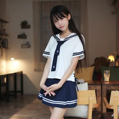 New 2018 Hot Japanese School Uniform Girls Korean Uniform School Wear Summer White Navy Shirt +Skirt Clothing 2 colors 4 style