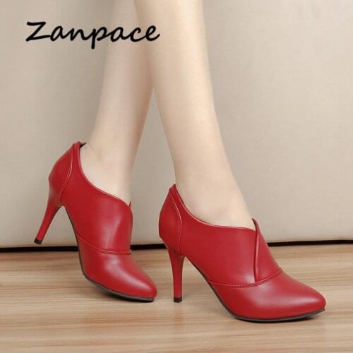 Zanpace Womens Boots Red Leather Shoes Europe Winter Ankle Boots For Women Pinted Toe High Heel Ladies Boots Joker Botas Mujer