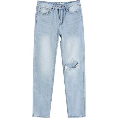 2021 New Ripped Jeans Woman High Waist Casual Streetwear Vintage Straight Long Pants Y2K Baggy Blue Femme Denim Trouser