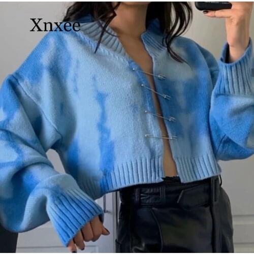 Casual Tie Dye Single Breasted sky blue Cardigan Women Autumn Winter Long Batwing Sleeve V Neck Knitted Sweater Coat Female