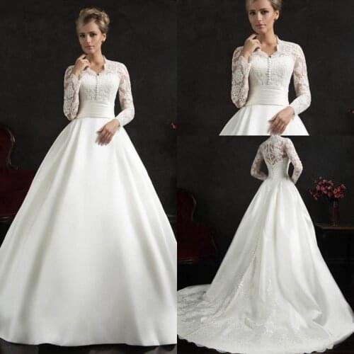 Elegant Satin Long Train 2018 Long Sleeves High Collar Vintage Lace Bridal Gown vestido de noiva mother of the bride dresses