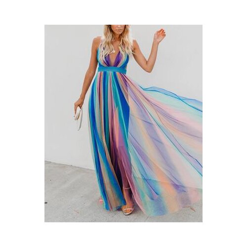 Women Dress 2020 New Elegant High Street Deep V-neck Long Dresses Summer Sleeveless Sling Lace Rainbow Mesh Floor-length Dress