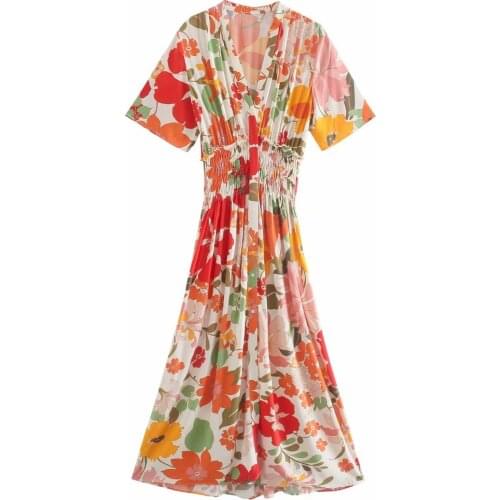 New Women Vintage Floral Printed Dress V-Neck Half Sleeves Elastic Waist Casual Maxi Boho Dresses Woman Robe