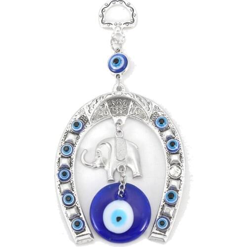 13cm * 6.5cm Turkish Blue Eye Horseshoe with Elephant and Ribbon Wall Hanging Amulet Ethnic Lucky Pendants Home Decorations New