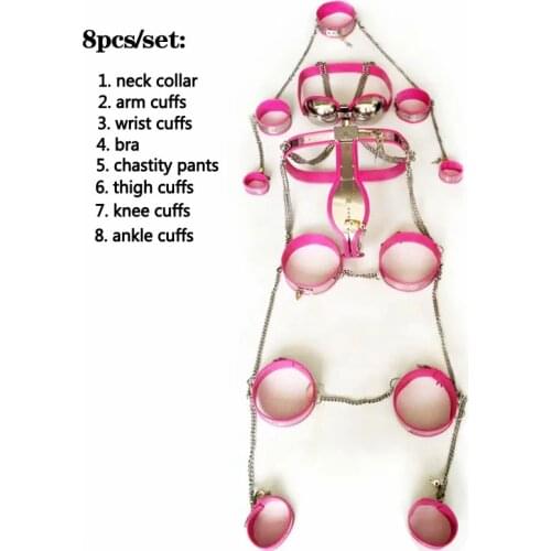 8pcs/Set Stainless Steel Male Chastity Belt Suit Bdms Bondage Kit Collar Bra Thigh Ring Ankle Cuffs Handcuffs Chastity Device