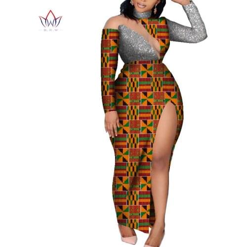 Africa Custom Print Sexy Dresses for Women Tailor Made Long Sleeve Thigh Split Ankle Length Women Cotton Party Dress WY8609