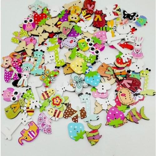 50Pcs/Bag Wooden Button Eco-friendly Cartoon Animal Pattern Wood Knitting Clothes Buttons for Home Sewing Accessories