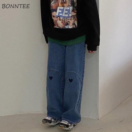 Jeans Women Blue Spring All-match Stylish Loose Pockets Full Length Spliced Straight Casual High Waist Pattern Korean Style Ins