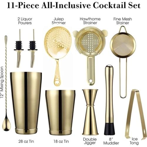 Cocktail Shaker Bar Set: 2 Weighted Boston Shakers, Cocktail Strainer Set,Jigger,Muddler and Spoon, Ice Tong and 2 Bottle Pourer