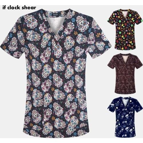 Printing Hospital Doctor Scrub Top Cotton Pet Clinic Nurse Work Uniform Health Service Nursing Uniform Medical Scrub Women Shirt