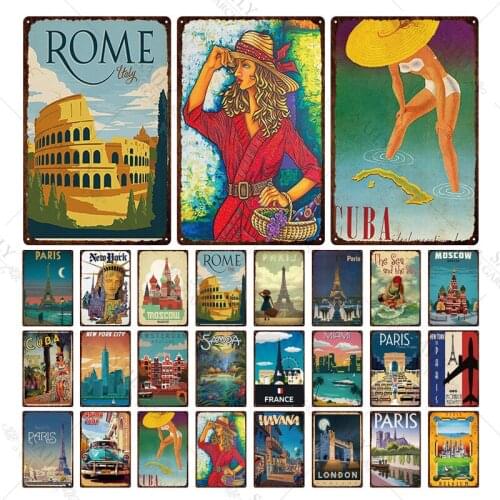 Retro Fashion Girl Travel City Building Metal Signs Paris Iron Tin Sign Poster Wall Bar Restaurant Home Shop Vintage Decor 30X20