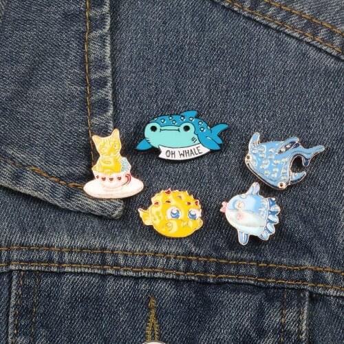 Cute Animal Pins Whale Shark Narwhal Octopus Puffer Fish Brooches Jackets Clothes Collar Lapel Pin Metal Badge Jewelry For Women