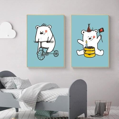 Cute Cartoon Bear Reading Book Cycling Cake Canvas Art Painting Abstract Print Poster Picture Wall Warm Home Decoration A2 A3 A4