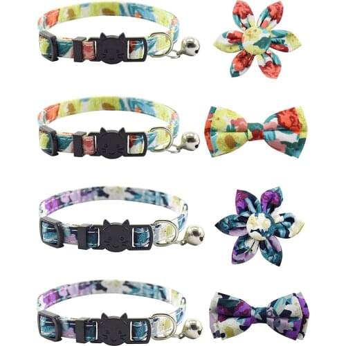 Breakaway Cat Collar Bowtie with Bell Cute Kitten Collar Flower Floral Pattern for Kitty Puppy Adjustable from 7.5-11 Inch