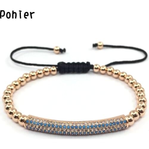 POHIER Pave CZ Tubes Braided Macrame 4mm Copped Beads Charms Bracelet For Women Men Jewelry stretch Bracelets