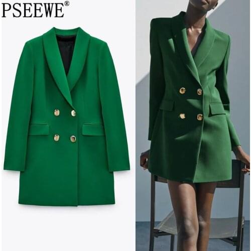 PSEEWE Za 2021 Green Long Blazer Women Double Breasted Long Sleeve Jacket Woman Elegant Female Blazer Office Autumn White Jacket