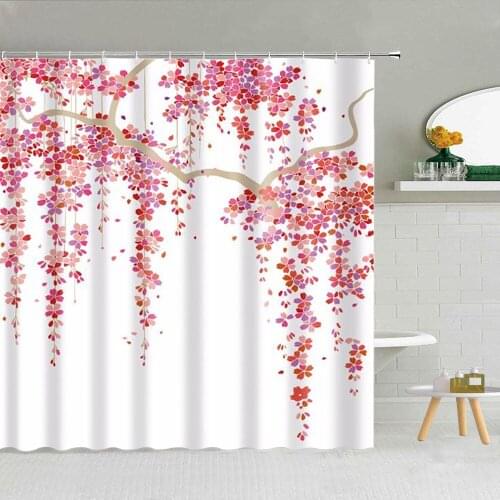 Pink Vine leaf Shower Curtains Spring Green Tree Plant Bird Scenery Bathroom Home Decor Fashion Bath Screen Waterproof Curtain