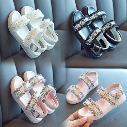 2021 Summer Babysbreath Girls' Soft Bottom Casual Beach Sandals for Girls Small fragrance Tweed Fabric pearl decoration Sandals