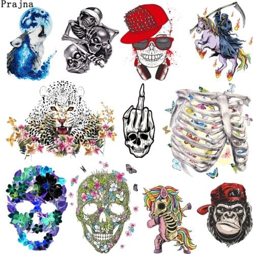 Prajna Punk Leopard Flower Iron On Transfers Vynil Heat Transfer Skull Flower Butterfly Ironing Stickers Thermal Patches Jacket