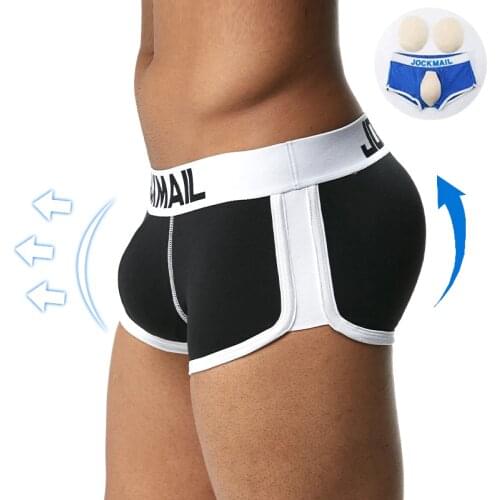 JOCKMAIL Sexy Mens Padded Boxer Shorts Cotton Push UP Gay Underwear Butt Enhancer Soft Trunk include pads Front & Back