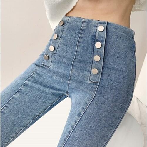 WOMENGAGA Fashion High Street Slim Double Breasted Denim Pencil Pants Korean Do Old Washed Split Jeans Woman Kl2s