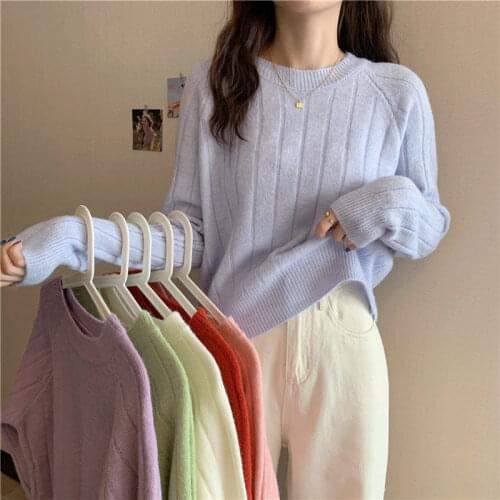 Women Autumn Winter New Loose O-neck Knitted Sweater Top Korean Solid Casual Long Sleeve Short Pullover Outerwear Jumper Elegant