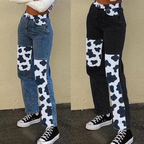 Women Mid Waist Straight Leg Jeans Harajuku Milk Cow Print Patchwork Denim Pants