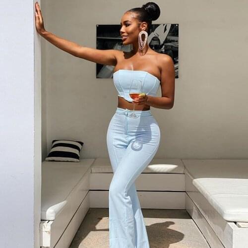 Elegant Flars Pants Set Women Boning Bustier High Waist Long Pants Two Piece Set Summer Sexy Party Wear Crop Top Suits