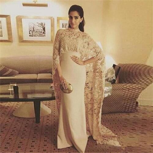 2020 Appliques Strapless Mermaid Prom Dresses with Cape Arabic Women Formal Gown Vestido de Festa 2 Piece Elegant Evening Dress