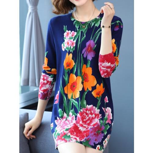 Print Long Sweaters Dress Autumn Casual Long Sleeve Pullovers Knitwear Jumper Plus Size Pull Elasticity Long Sweater Women