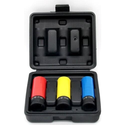 1/2'' 3Pcs Alloy Sleeve Drive Thin Wall Wheel Deep Impact Nut Remover Socket Set 17mm 19mm 21mm Car Garage Maintain Repair-Tool