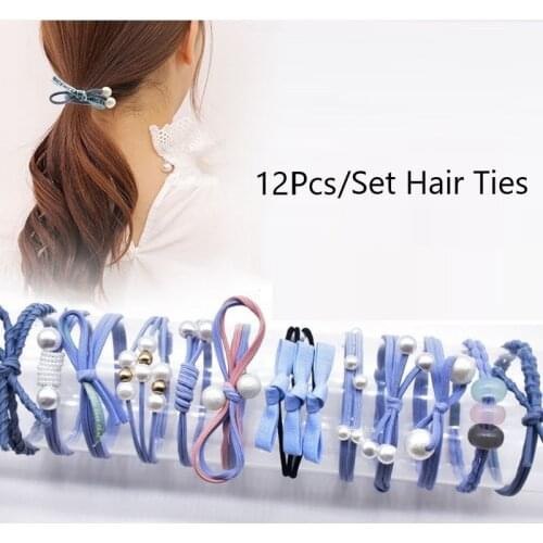 12Pcs/Set Korean Style Women Ribbon Bowknot Hair Ropes Elastic Hair Band Girls Rubber Band Cute Pearl Plaid Letter Hair Ties Bow