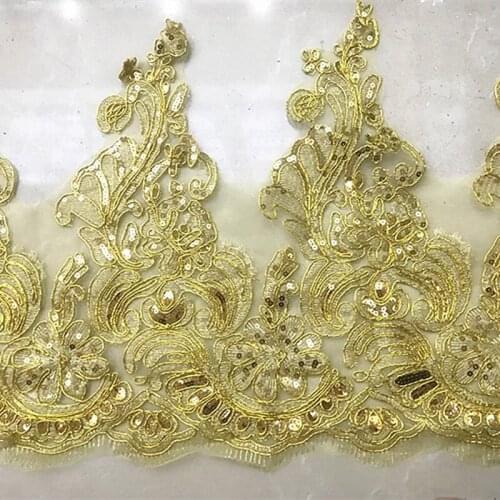 2Meters Wedding Lace Trim Sequins Glitter Gold Applique Patch For Bridal Dress Border Scalloped Trims 32cm